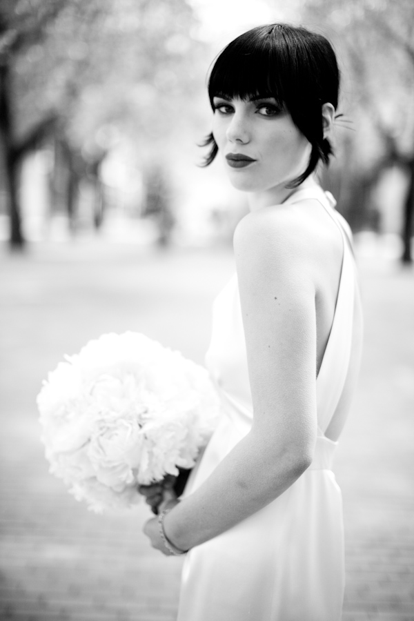 photo by Seattle wedding photographer Cheri Pearl - black and white photo of beautiful bride looking over her shoulder